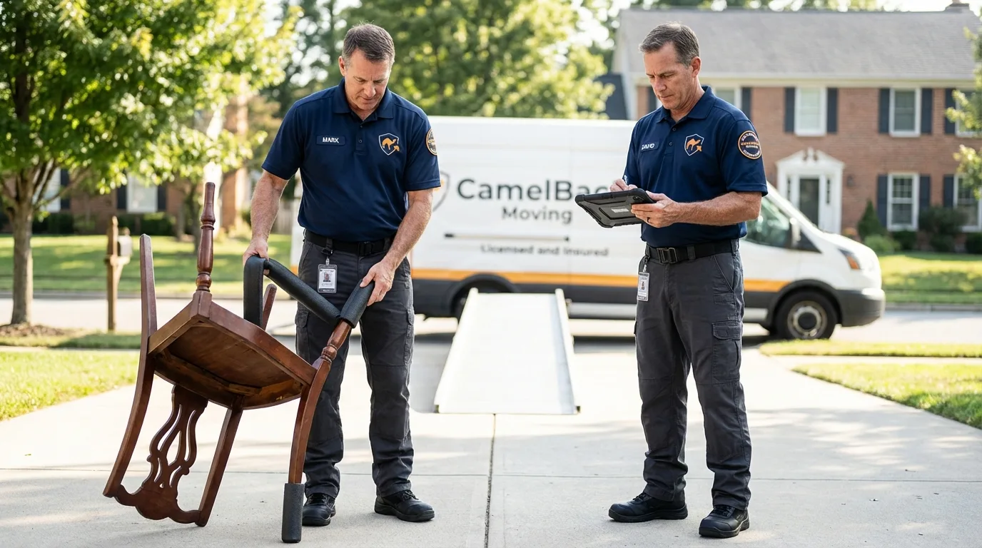 Movers inspecting furniture for damage prevention before loading in Mason, TN