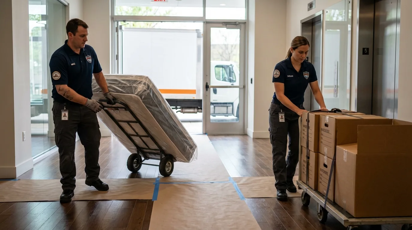 Professional apartment movers loading elevator in Mason, TN