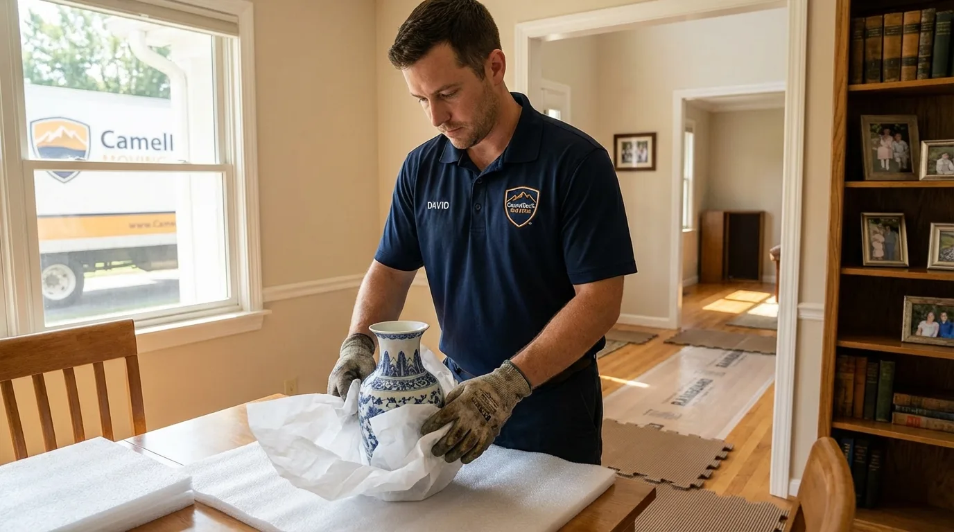 Professional crew carefully wrapping antique vase for senior downsizing move in Mason, TN